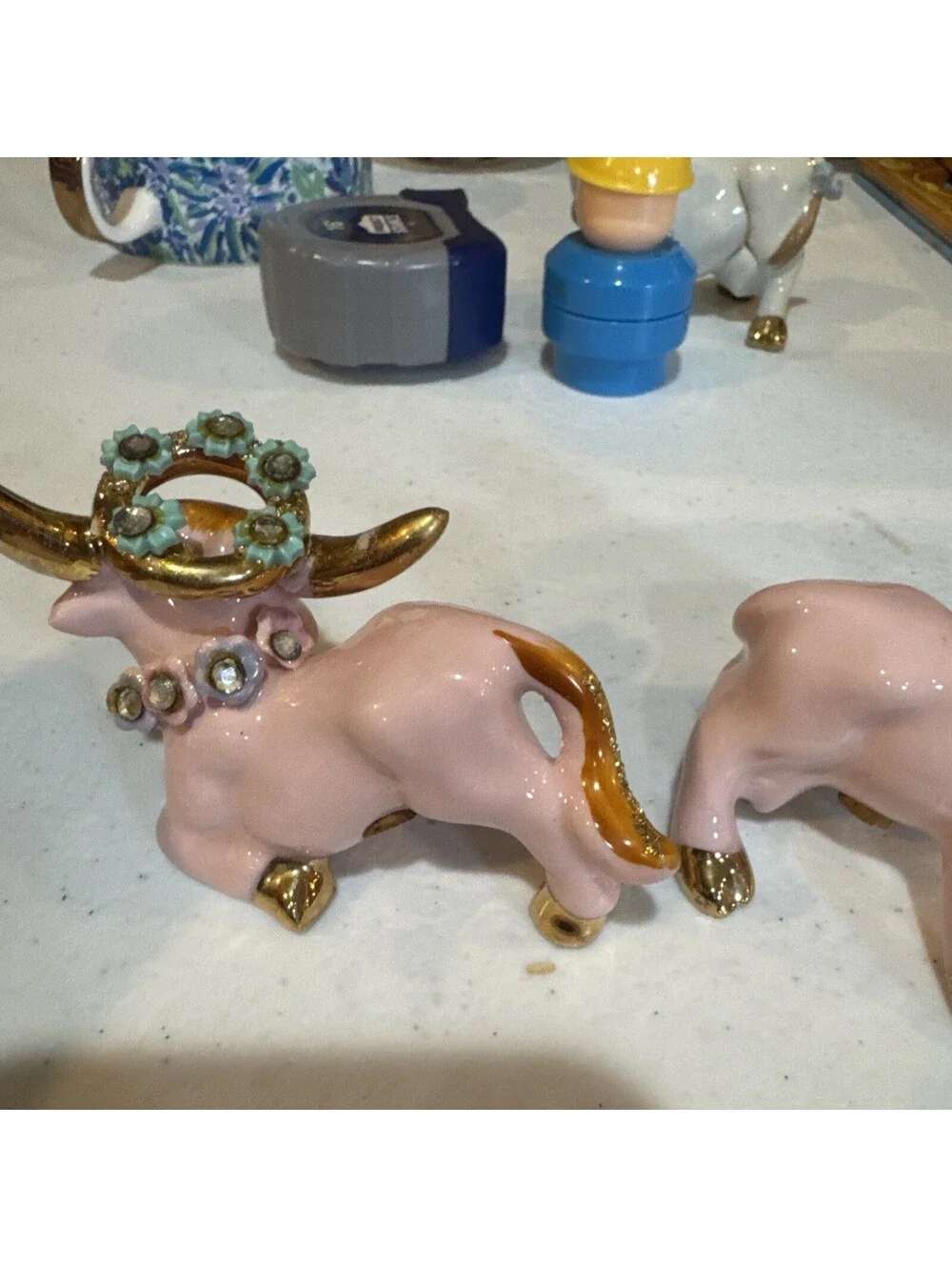 1950s pink and gold ceramic cow and bull salt and pepper shakers